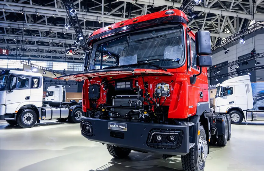 Red Shacman F3000S 6x4 tractor truck parked under a blue sky, showcasing heavy-duty truck dominance.